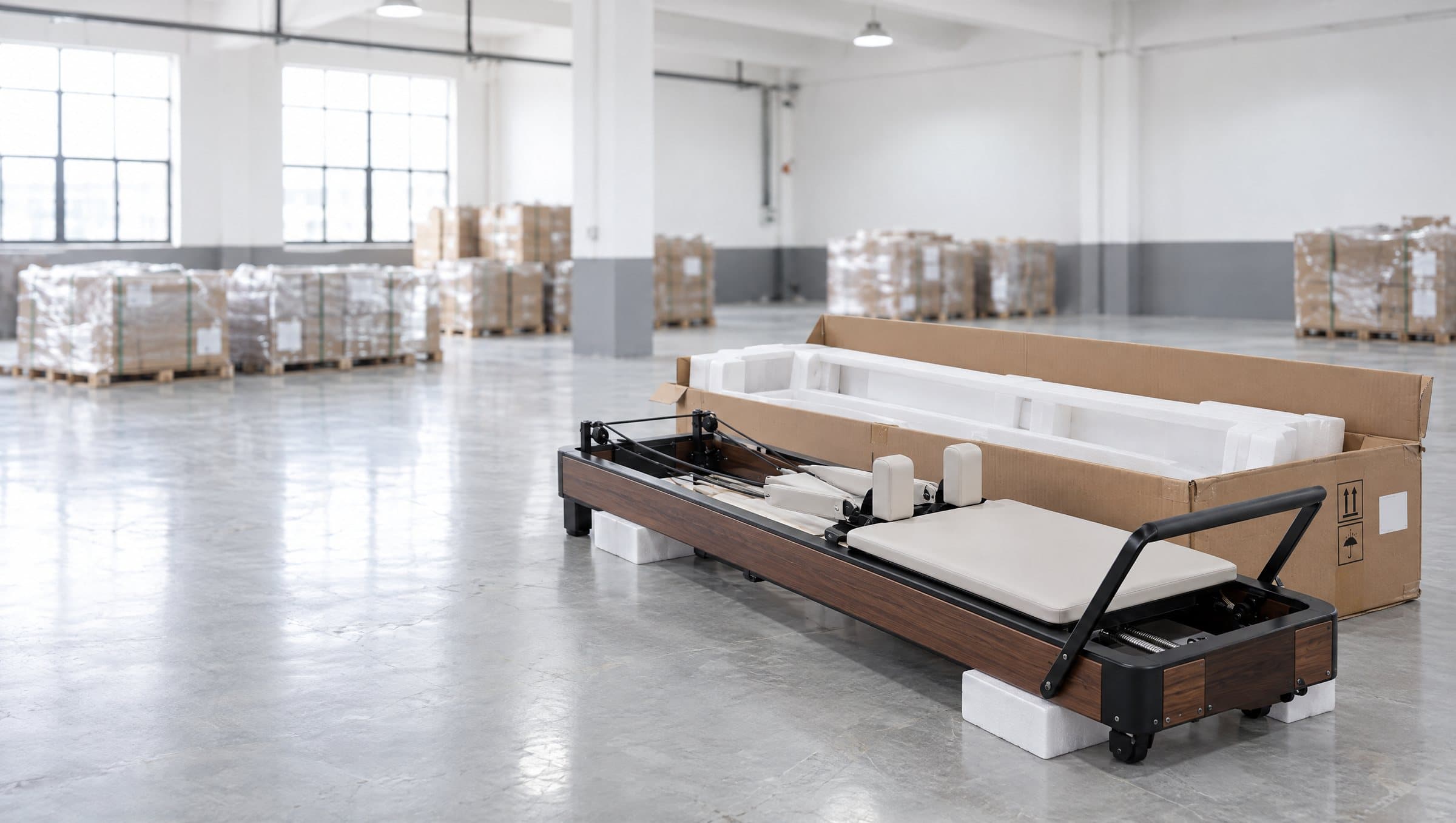 A finished pilates reformer beside its opened export carton on a partner factory floor